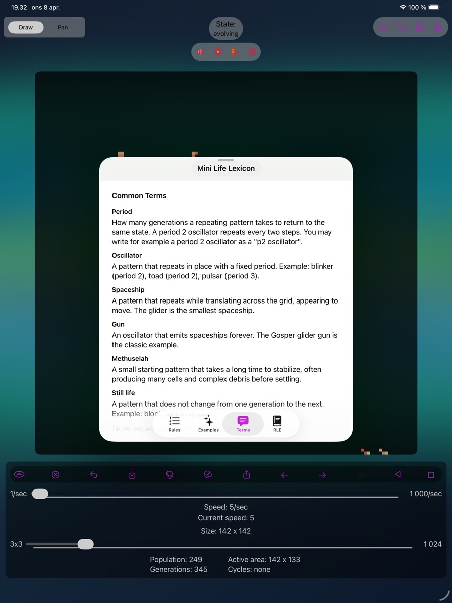 Mini Life lexicon help sheet on iPad