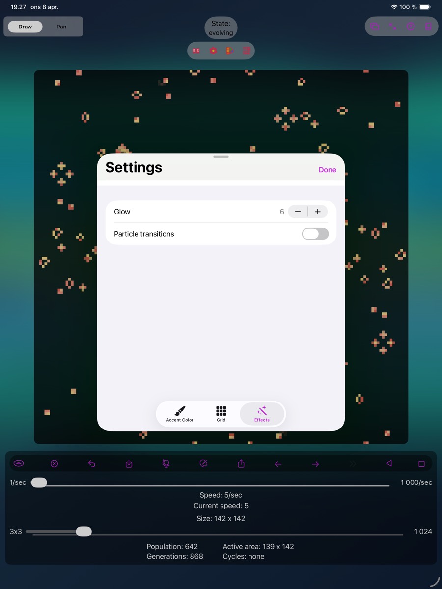 Effects settings with glow and particle transitions on iPad